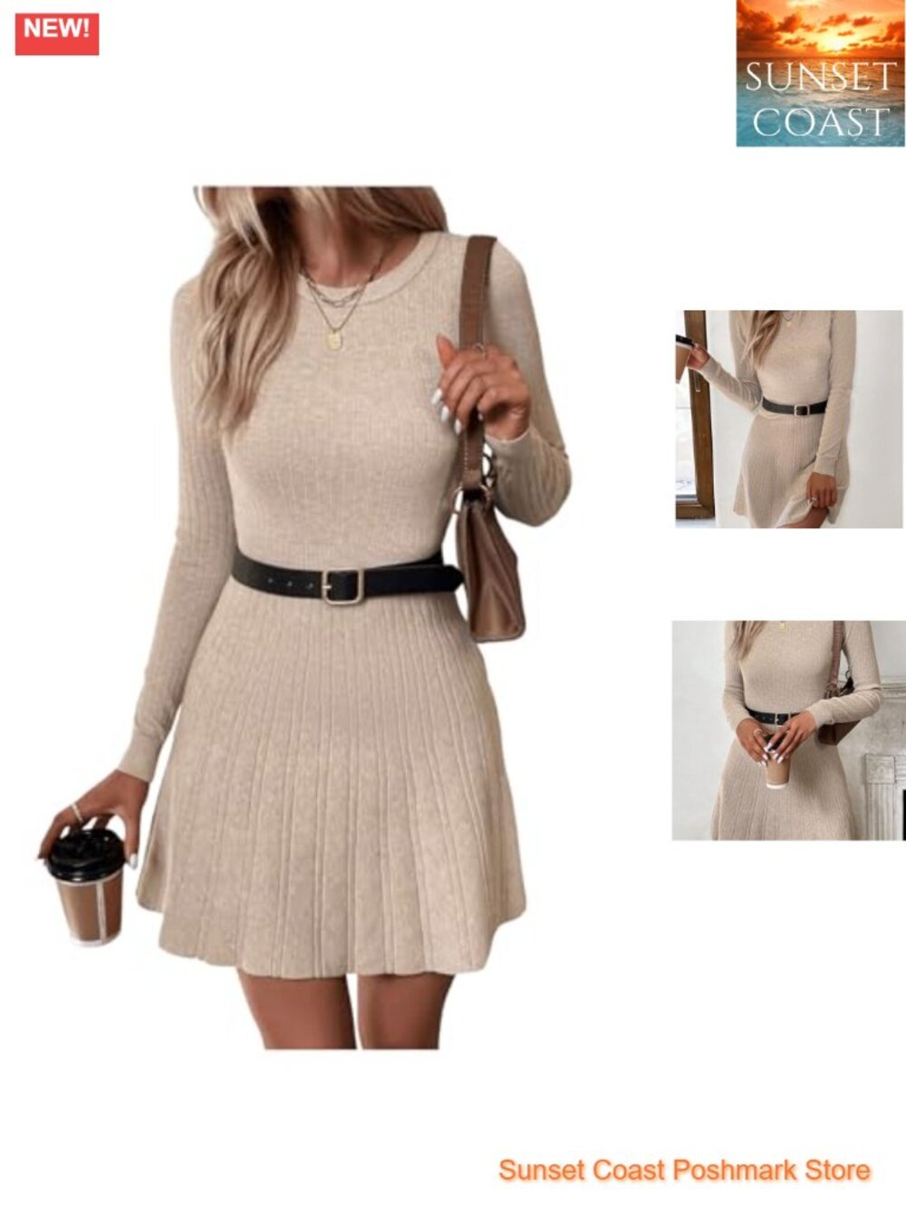 Women's Ribbed Knit A-Line Sweater Dress Long Sleeve Mini Casual